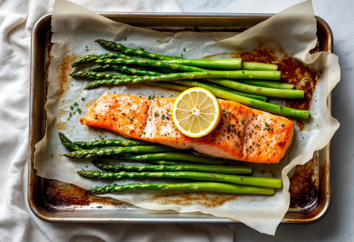 Salmón al horno con espárragos y patata